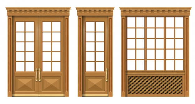 Conjunto de puertas y ventanas de madera clásicas.