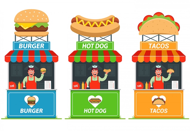 Conjunto de puestos de comida rápida. Vendedor alegre en el quiosco. ilustración plana