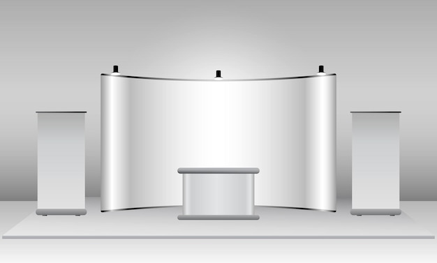 Conjunto de puestos de exposiciones comerciales realistas o quioscos de exposiciones en blanco o puestos corporativos