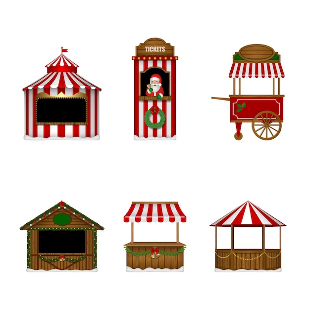 Conjunto de puestos de Navidad aislados, mercado de entradas y stands de feria.
