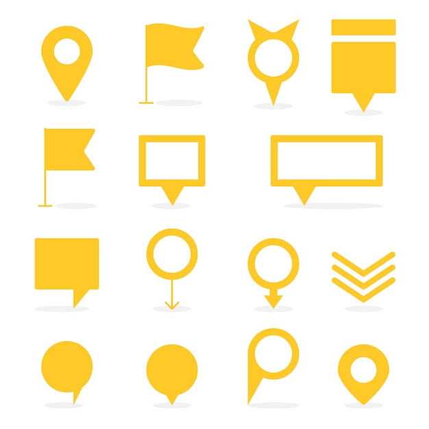 Conjunto de punteros amarillos aislados y marcadores de diferentes formas