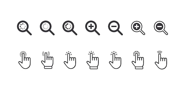 Conjunto de punteros de cursor de iconos, símbolos de zoom de dedo y lupa de clic. Elementos gráficos para la navegación del sitio web, búsqueda de información de pictogramas señaladores aislado sobre fondo blanco. Ilustración vectorial
