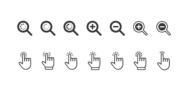 Conjunto de punteros de cursor de iconos, símbolos de zoom de dedo y lupa de clic. elementos gráficos para la navegación del sitio web, búsqueda de información de pictogramas señaladores aislado sobre fondo blanco. ilustración vectorial