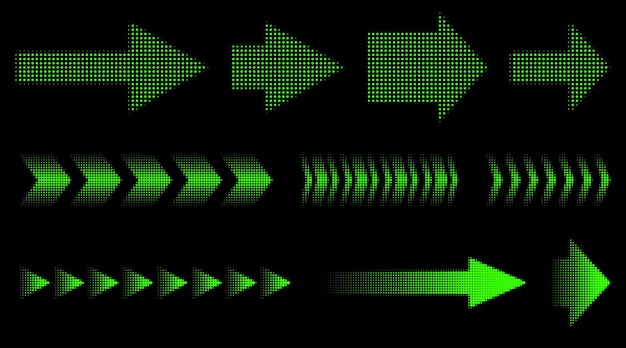 Un conjunto de punteros de flecha de neón aislados sobre un fondo negro en un estilo de media tonalidad vectorial de moda