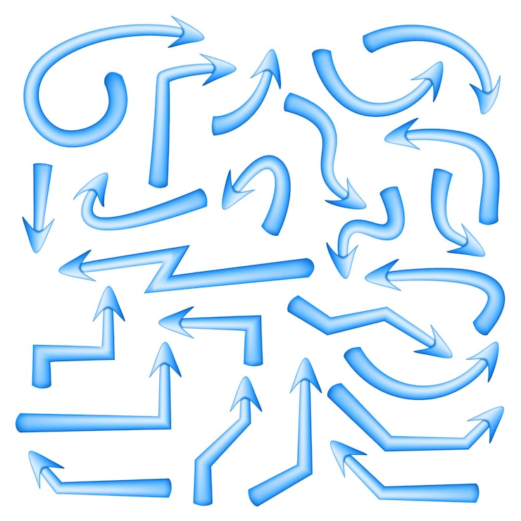 Vector conjunto de punteros de flechas azules con giros suaves aislados en blanco. puntero de dirección. ilustración vectorial.