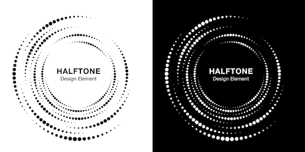 Conjunto de puntos de marco de círculo de vórtice de semitono. Elemento de diseño de remolino circular. Icono de borde redondo incompleto con textura de puntos de círculo de semitono.