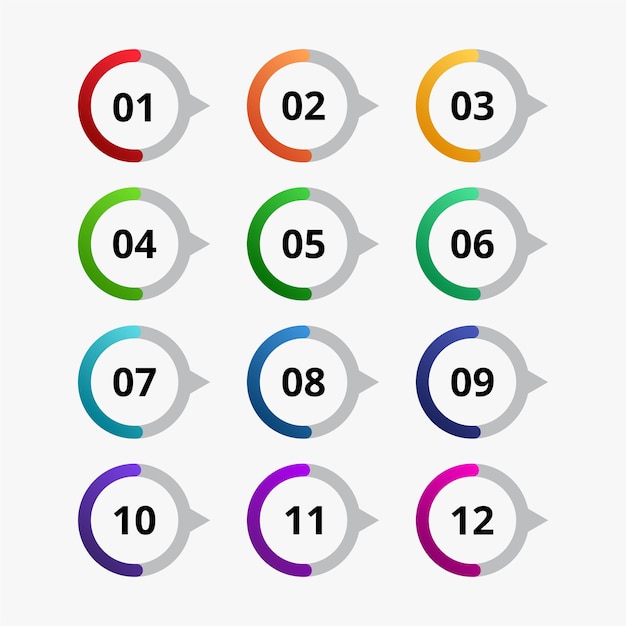 Conjunto de puntos de numeración de viñetas coloridas para una lista o presentación infográfica creativa