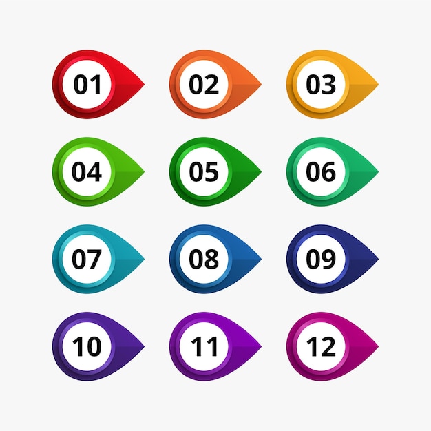 Conjunto de puntos de numeración de viñetas coloridas para una lista o presentación infográfica creativa
