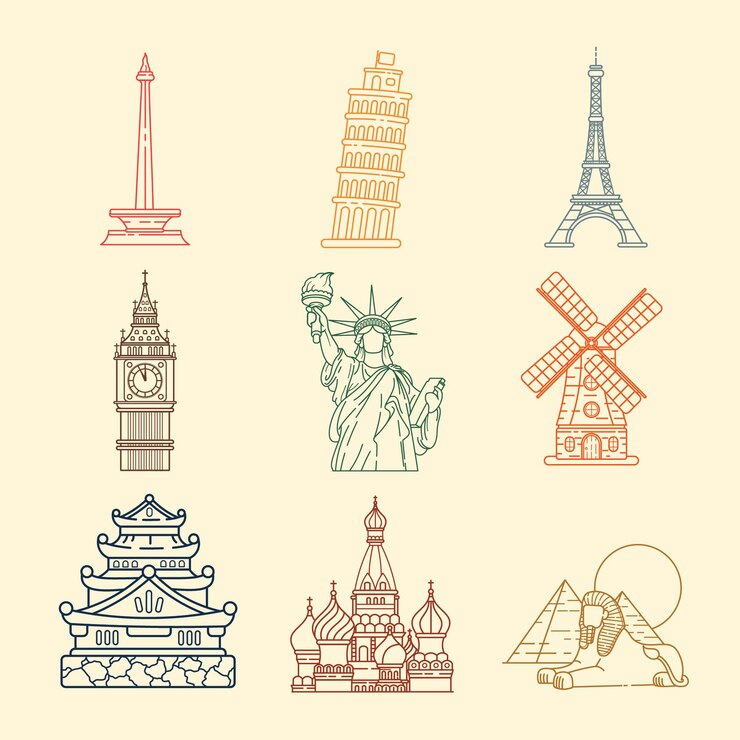 Vector conjunto de puntos de referencia famosos de la colección de vectores del mundo dibujado a mano