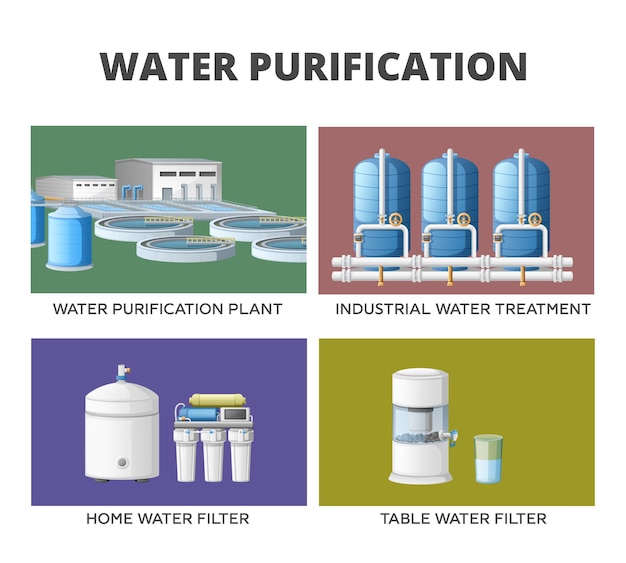 Conjunto de purificación de limpieza de tratamiento de agua con cuatro composiciones para filtros de agua de mesa y tanques de almacenamiento ilustración vectorial