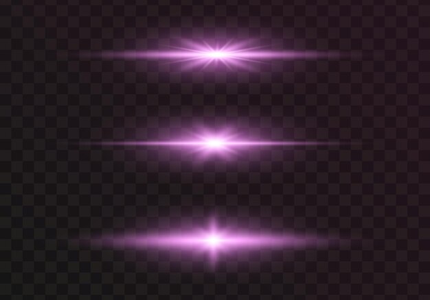 Conjunto de purpur brillante parpadea luces y chispas sobre un fondo transparente Flash con línea brillante
