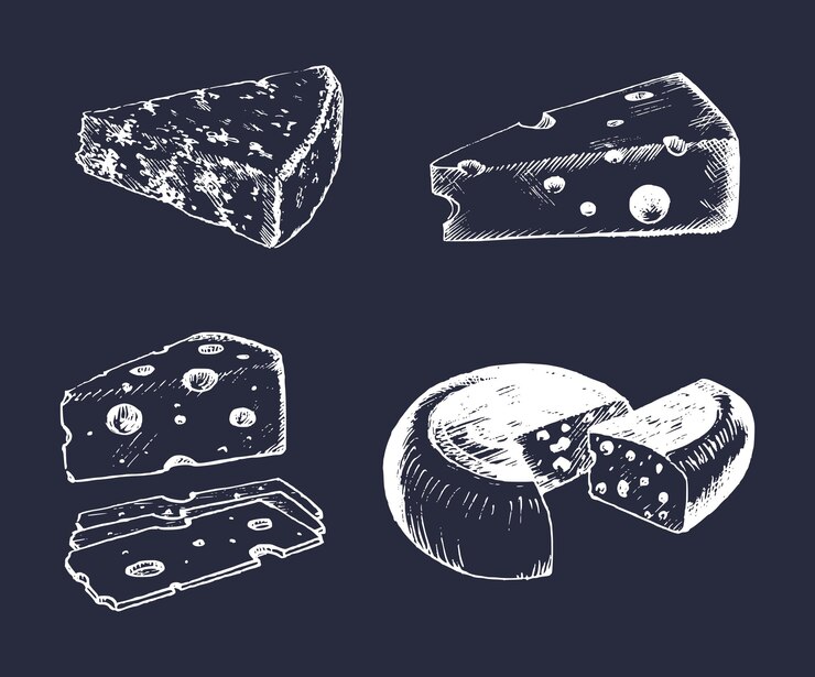 Vector conjunto de queso vectorial vintage dibujado a mano parmesano cheddar edam etc ilustraciones sobre fondo negro bocetos de productos lácteos