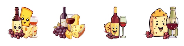 Conjunto de queso de vino y uvas ilustración de vector de dibujos animados lindo sobre un fondo blanco