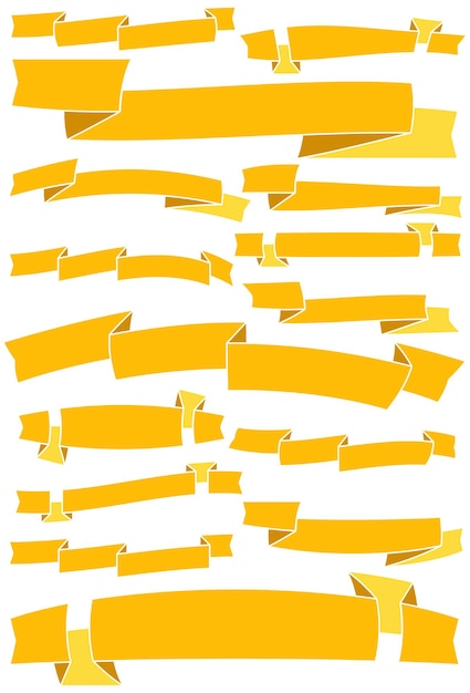 Conjunto de quince cintas amarillas de dibujos animados y pancartas para diseño web. Gran elemento de diseño aislado sobre fondo blanco. Ilustración vectorial.
