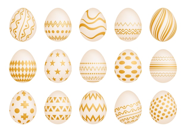 Conjunto de quince huevos de Pascua con textura dorada sobre un fondo blanco Ilustración vectorial