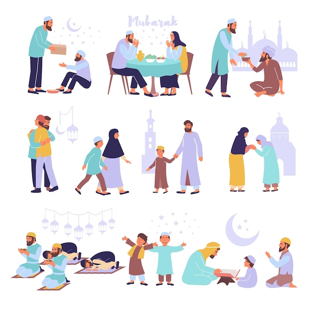 Conjunto de Ramadán con iconos planos, símbolos musulmanes e imágenes aisladas de personas rezando con siluetas de templos, ilustración vectorial