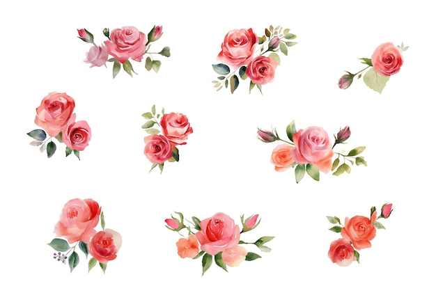Conjunto de ramas florales Flor roja borgoña azul marino rosa hojas verdes concepto de boda con flores cartel floral invitación arreglos vectoriales para tarjeta de felicitación o diseño de invitación