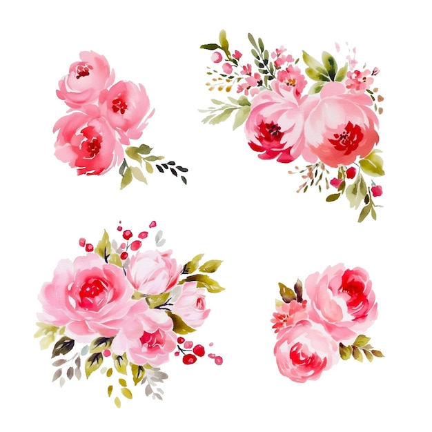 Conjunto de ramas florales Flor roja borgoña azul marino rosa hojas verdes concepto de boda con flores cartel floral invitación arreglos vectoriales para tarjeta de felicitación o diseño de invitación