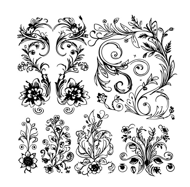 Conjunto de ramas y hojas colección floral dibujado a mano conjunto vintage dibujo ilustración de línea de arte