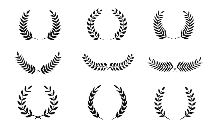 Vector conjunto de ramas de laureles foliados circulares negros vector conjunto de laureles negros emblema floral rama griega estilo plano