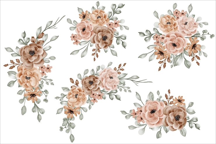 Vector conjunto de ramo de arreglo floral con rosas y hojas