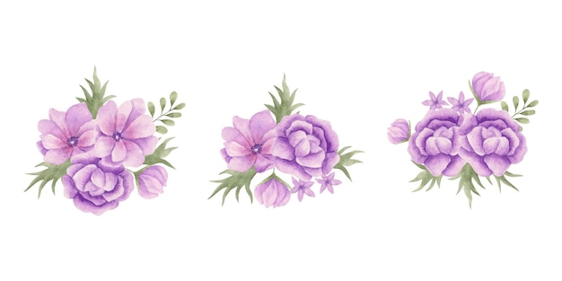 conjunto de ramo de flores de color púrpura pintado a mano de acuarela
