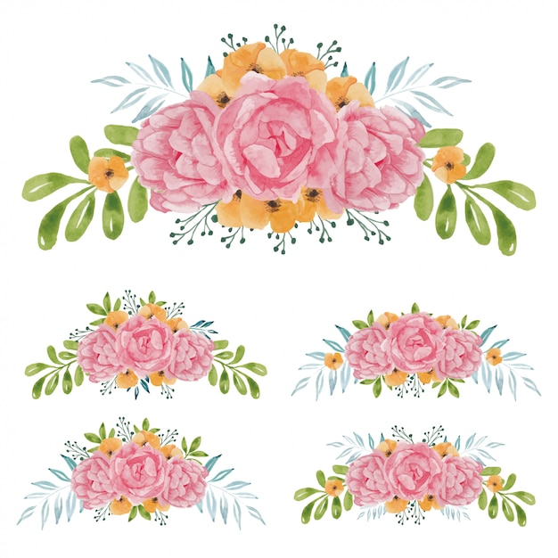 Vector conjunto de ramo de flores color de rosa pintado a mano en acuarela