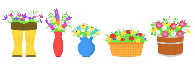 Vector conjunto con ramo de flores flores de primavera en botas jarrón cesta olla ilustración vectorial