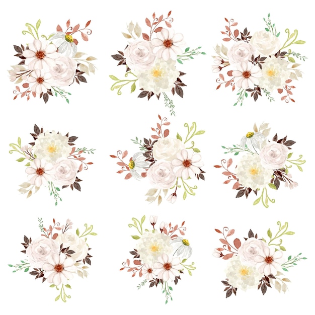 Vector conjunto de ramo de flores rústico blanco acuarela