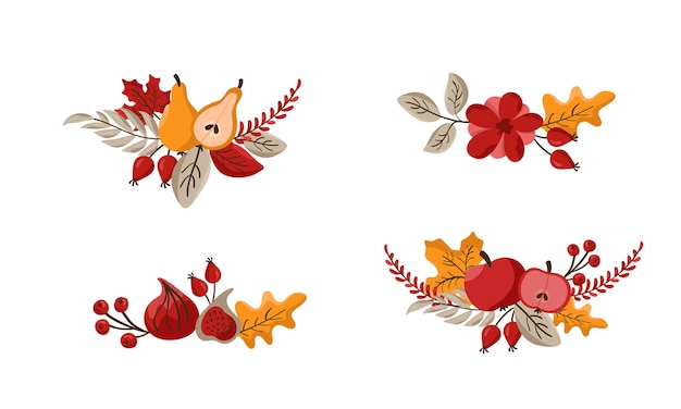 Conjunto de ramo de vector plantilla de diseño de corona de otoño con estampado de flores. octubre día de acción de gracias
