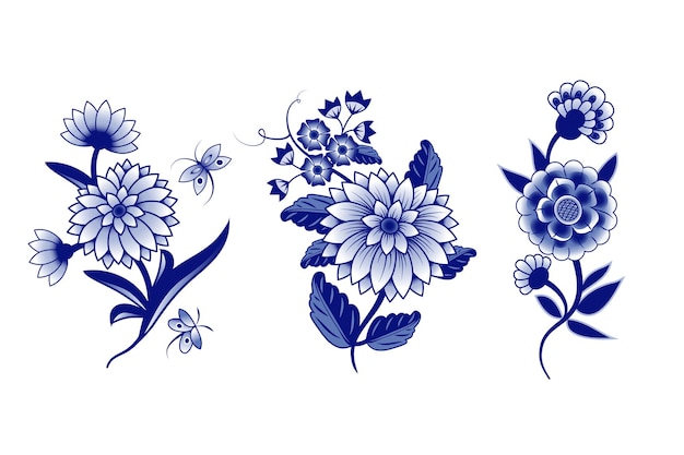 Vector conjunto de ramos aislados de estilo chino azul y blanco varias flores hojas ramas rizos