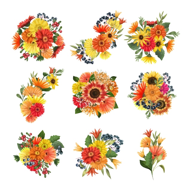 Conjunto de ramos florales otoñales de girasoles aster y flores gerber.