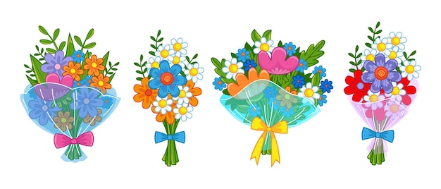 Un conjunto de ramos de flores con y sin embalaje Ilustración vectorial de ramos de flores