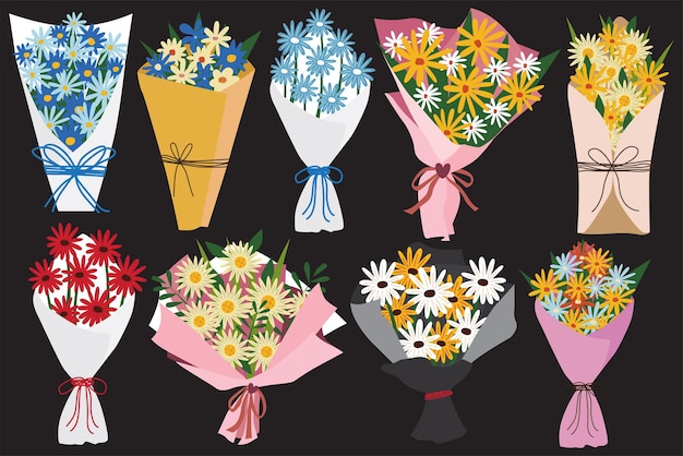 conjunto de ramos de flores lindo ilustración vectorial