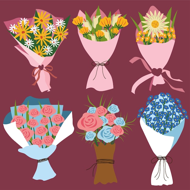 conjunto de ramos de flores lindo ilustración vectorial