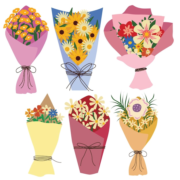 conjunto de ramos de flores lindo ilustración vectorial