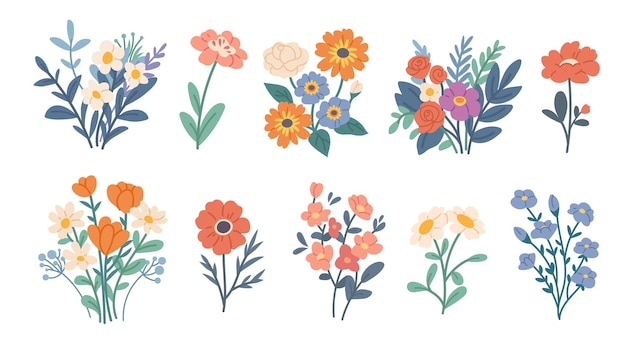 Conjunto de ramos de flores planas sobre fondo blanco Flores silvestres planas en diferentes colores Vector