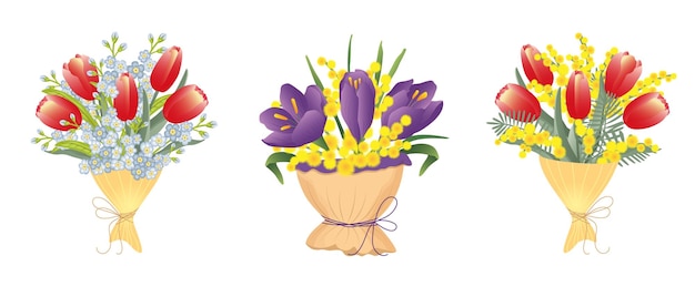 Conjunto de ramos de flores de primavera crocus púrpura tulipán rojo mimosa amarillo