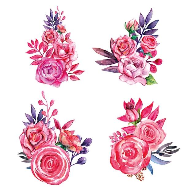 Conjunto de ramos de flores rosadas y moradas hojas