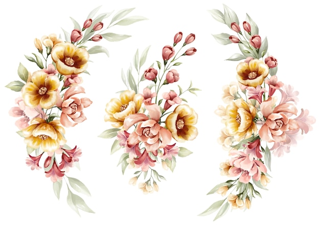 Conjunto de ramos de marco floral acuarela de peonía y flores amarillas
