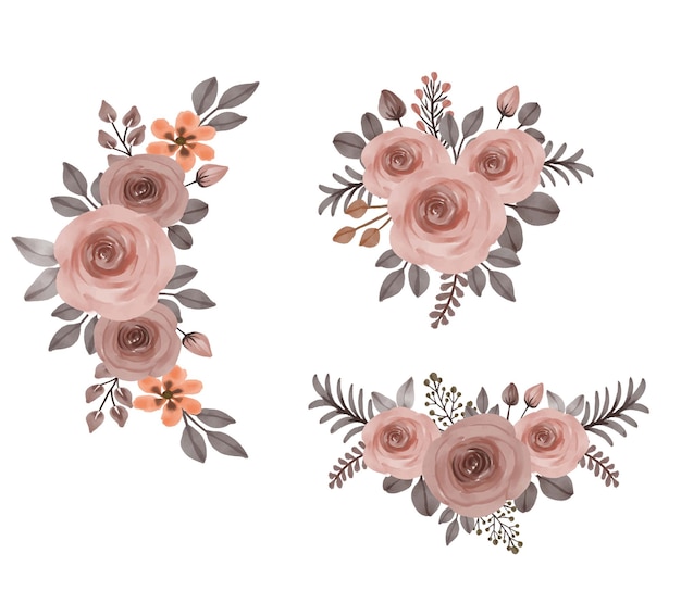 Conjunto de ramos de marco floral acuarela de rosas durazno