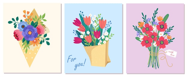 Conjunto de ramos Vector con la mano sosteniendo flores silvestres amapolas tulipanes de flores rojas naranjas azules y púrpuras