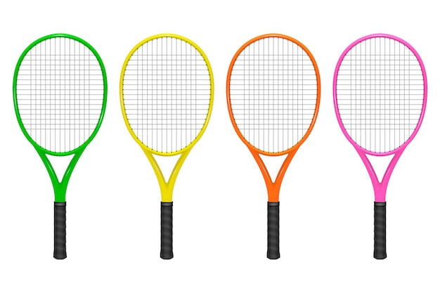 Vector conjunto de raqueta de tenis realista, primer plano aislado sobre fondo blanco.