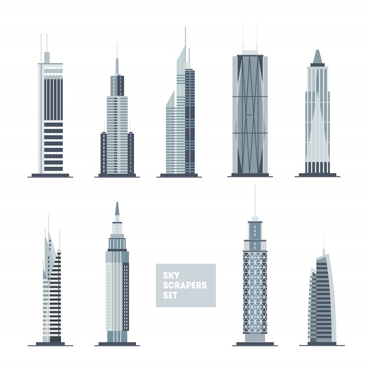 Vector conjunto de rascacielos. elementos de diseño de la ciudad. colección de arquitectura plana.