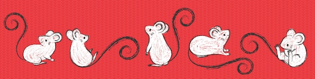 Conjunto de ratas dibujadas a mano, ratones en diferentes poses, trazo de pincel de tinta.