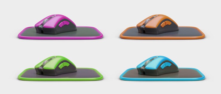 Vector conjunto de ratones de computadora 3d sobre tapete imagen en diferentes colores vista lateral
