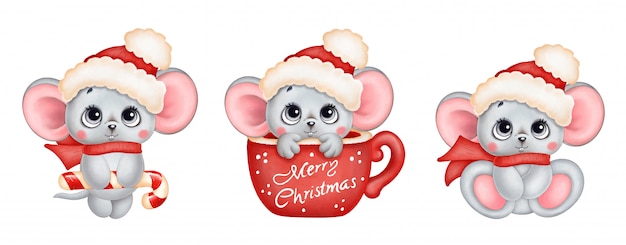 Vector conjunto de ratones de navidad de dibujos animados lindo