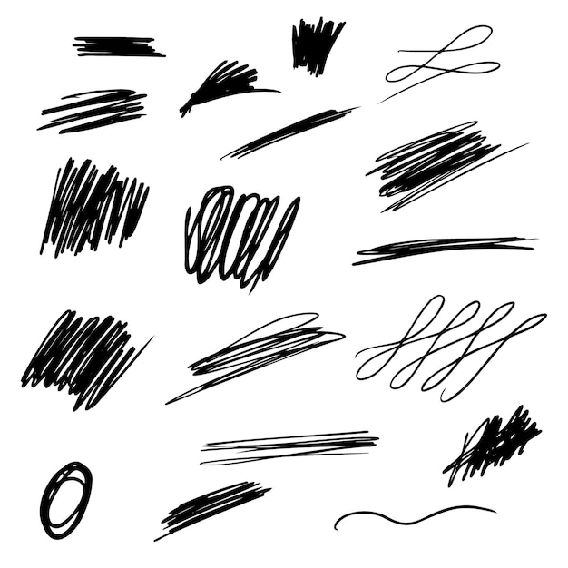 Conjunto de rayas dibujadas a mano con lápiz, tinta, pincel, mancha, elemento de diseño vectorial