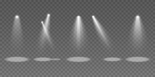 Conjunto de rayos blancos aislados en un fondo transparente Efectos de luz Colección de focos Ilustración vectorial EPS 10