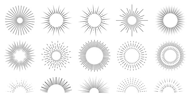 Conjunto de rayos de sol Colección minimalista Sunburst Rayo de brillo vectorial Línea decorativa luz solar